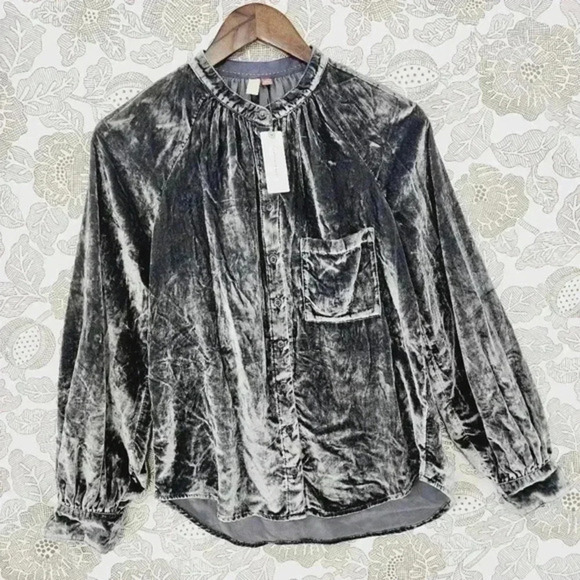NWT Anthropologie Pilcro Velvet Mock neck Button up long sleeve Women's Shirt XS - Picture 1 of 8